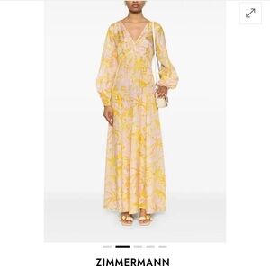 Zimmermann Pink and Yellow Floral V-Neck Long Maxi Dress